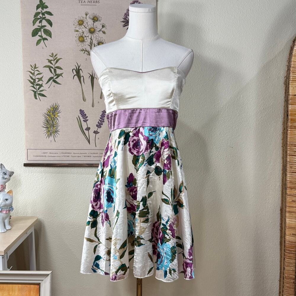 90s Y2k Strapless Satin Floral Mini Dress Dolly Dollette Fairy Whimsy Romantic S